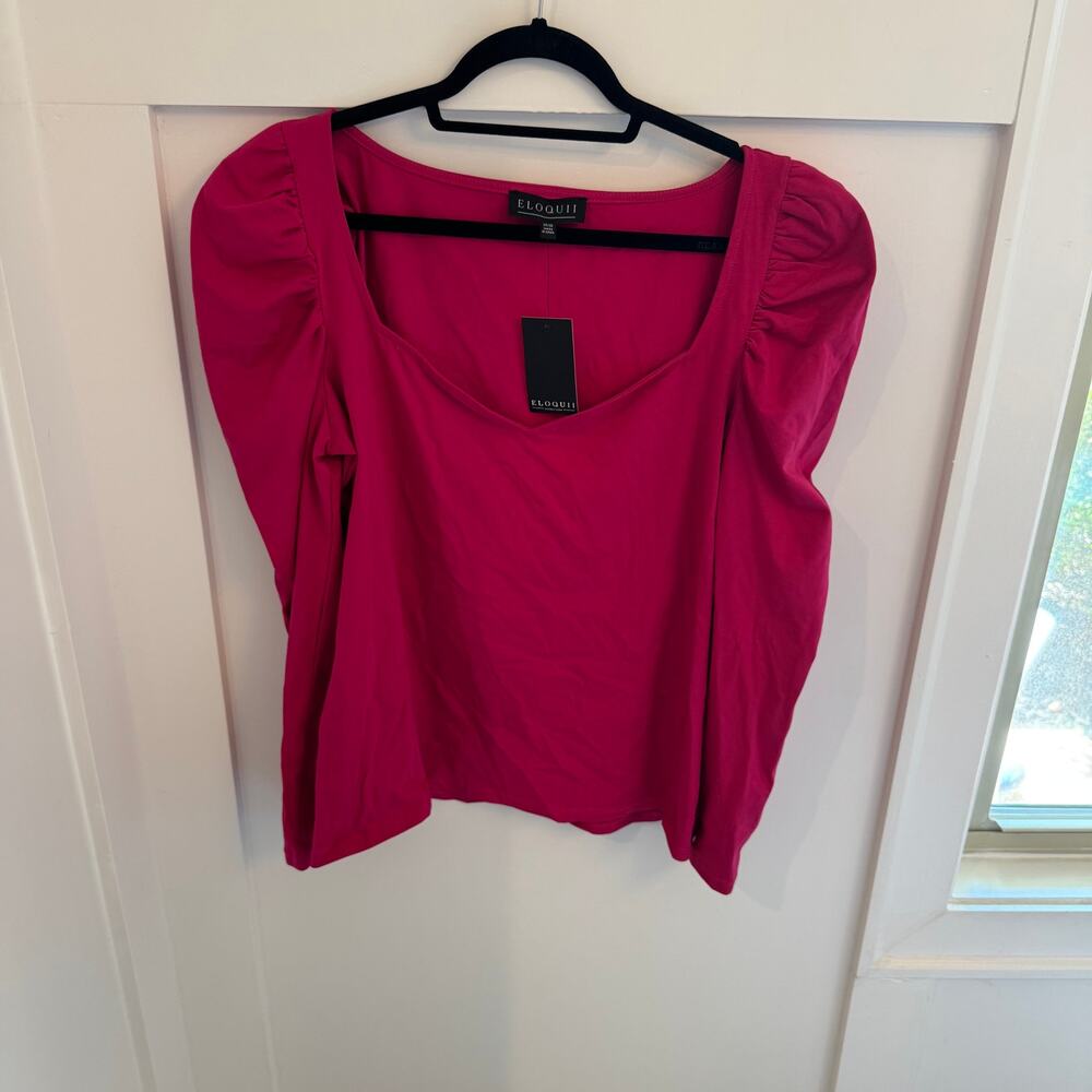 Eloquii New with Tag Hot Pink Puff Sleeve Cotton Shirt Size 14/16 Long Sleeve